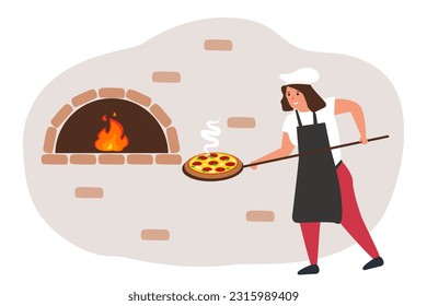 woman chef cooking traditional pizza in stone oven with fire vector illustration