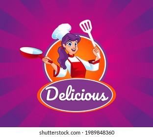 A Woman Chef cooks making delicious food mascot logo