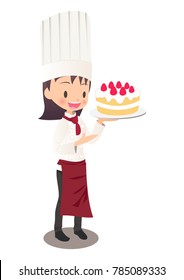 A woman chef has a cake