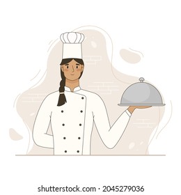 Woman chef hold dish closed with cloche. Vector flat cartoon illustration