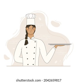 Woman chef hold empty serving tray. Vector flat cartoon illustration