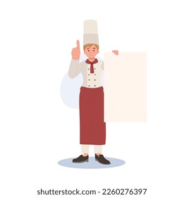 Woman chef Holding Menu and doing thumb up with recommended dish. Chef with blank placard.