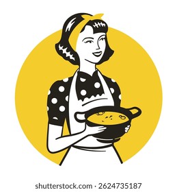 Woman Chef Holding A Pot Of Soup Logo. Retro emblem with a happy lady cook wearing an apron and polka dot dress. Good for cafes, restaurants, food delivery or catering service, kitchen-related busines