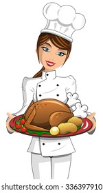 Woman Chef Holding Roasted Turkey Plate Isolated