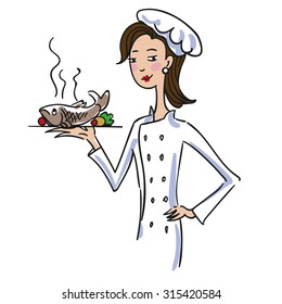 Woman chef holds in her hand a fish plate. White background. Vector illustration.