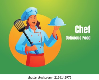 a woman chef holds a spatula and serves a delicious dish
