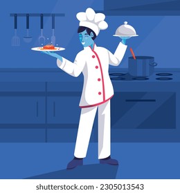 Woman Chef illustration cooking in kitchen