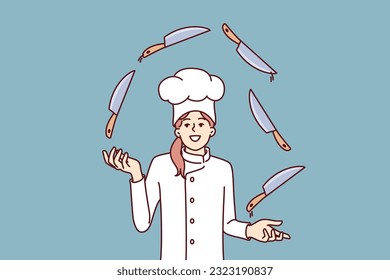 Chef woman holding giant knife - cartoon cook Vector Image