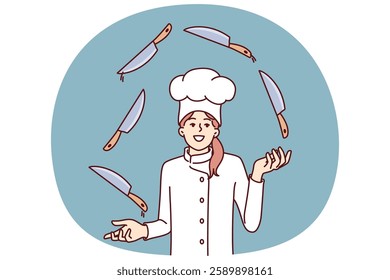 Woman chef juggles knives demonstrating professional skill and promising cooking delicious dinner. Girl in white uniform and chef hat from restaurant invites you to visit cooking show