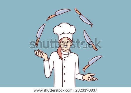 Woman chef juggles knives demonstrating professional skill and promising cooking delicious dinner. Girl in white uniform and chef hat from restaurant invites you to visit cooking show