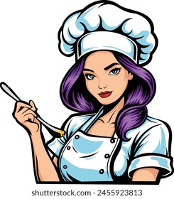 Woman Chef Logo Holding spoon half body logo