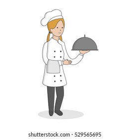 woman Chef with meal standing on white background. Restaurant worker.