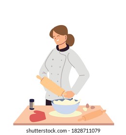 woman chef pastry with table of work vector illustration design