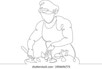 Una cocinera prepara comida en la cocina del restaurante. Chef cocinando con uniforme. Un doodle de arte de dibujo manual de una sola línea continua dibujado a mano, mínima ilustración aislada.