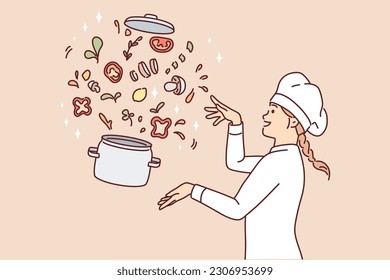 Woman chef prepares vegetable soup standing near flying pot with sliced mushrooms and herbs. Girl chef demonstrates recipe for vegetarian soup with useful substances and vitamins