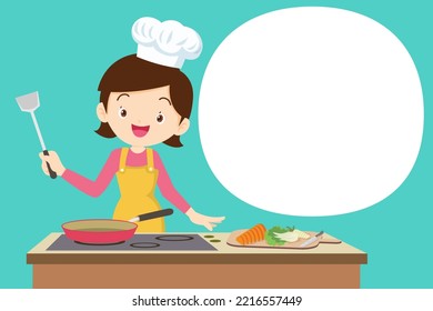 Woman Chef Present Cooking In The Kitchen With Speech Bubble