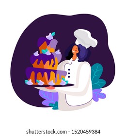 Woman chef presents Festive Cake with Blueberry Cream. Character in Chef Uniform and Cap holding Huge Pie. Bakery Giant Dessert for Birthday or Wedding Flat Vector Illustration