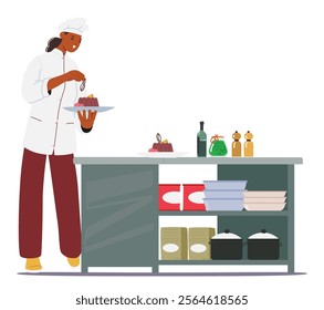 Woman chef professional character wearing uniform decorating cooked delicious jelly cake serving sweet dessert for client while working at restaurant kitchen cartoon scene vector illustration