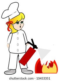 woman chef putting out kitchen fire with extinguisher - vector