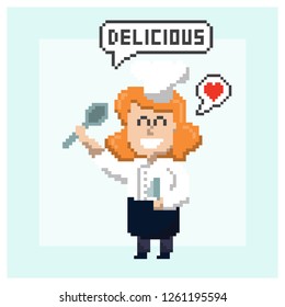 woman chef say delicious in pixel art style