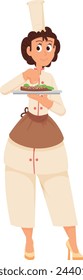 Woman chef seasoning dish. Cartoon cooking character