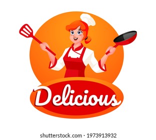Woman chef serves delicious food logo mascot	