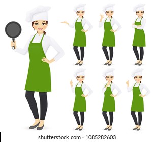 Woman chef set in different poses holding pan with empty space vector illustration