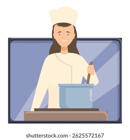 Woman chef stirring food in saucepan on tv screen