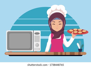 Woman chef takes cookies out of the oven Illustration Vector
