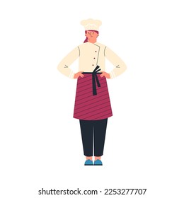 Woman in chef uniform, flat vector illustration isolated on white background. Female character working as chef in cafe or restaurant. Concepts of job and occupation.