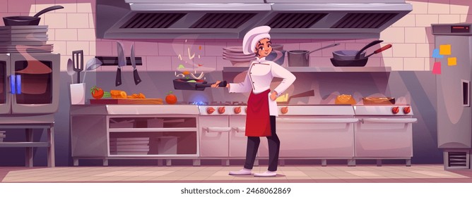 Woman chef in uniform and hat cooking food on restaurant kitchen. Cartoon vector cuisine interior with furniture, equipment and utensils. Female cooker prepare meal in professional cafe cuisine.