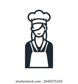 Icono plano del vector de la cocinera de la mujer, línea negra en fondo blanco.