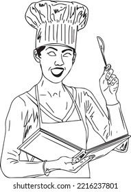 Woman Chef Wearing Hat Holding Spoon And Holding Recipes Book, Continuous Outline Vector Illustration Of Thinking Woman In Apron Reading Cook Book, Woman Chef Sketch Drawing, Chef Clip Art And Symbol