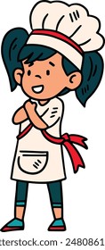 A woman chef is wearing a white apron and a chef hat. She is smiling and waving