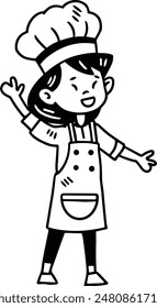 A woman chef is wearing a white apron and a chef hat. She is smiling and waving