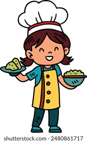 A woman chef is wearing a white apron and a chef hat. She is smiling and waving