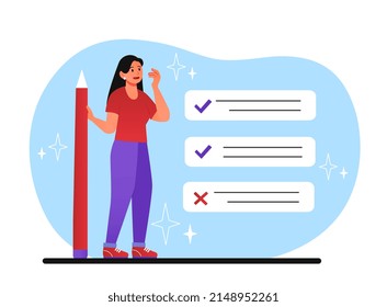 Woman cheking her test. Girl with pencil makes corrections to answers. Modern distance learning and self development. Character has successfully passed test or exam. Cartoon flat vector illustration