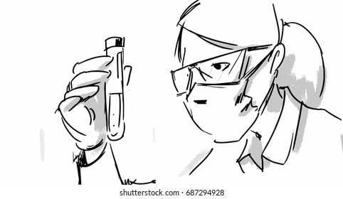 Woman with a chemical tube. Nurse or clinical assistant Vector sketch professionals