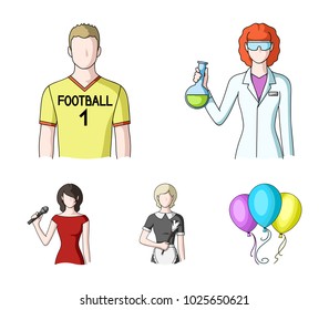 Woman chemist, football player, hotel maid, singer, presenter.Profession set collection icons in cartoon style vector symbol stock illustration web.