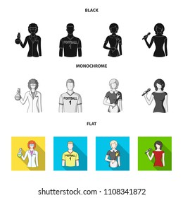 Woman chemist, football player, hotel maid, singer, presenter.Profession set collection icons in black, flat, monochrome style vector symbol stock illustration web.