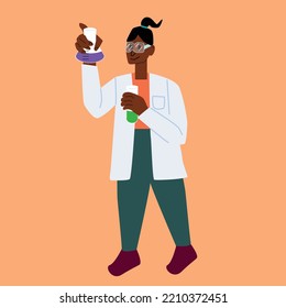 Woman Chemist Holds Flasks With Chemicals, Black Woman Scientist, Flat Style Vector, Full Body, Isolated