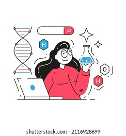 Woman chemist making science research experiment analyzing laptop browsing internet vector flat illustration. Female with flask analyze biology medical biotechnology scientific education laboratory