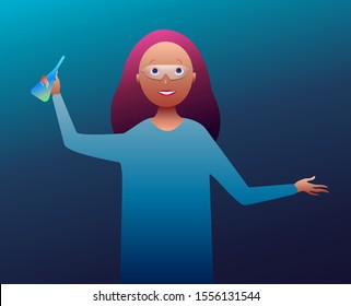 A woman chemist stands with a test tube in her hands and smiles.