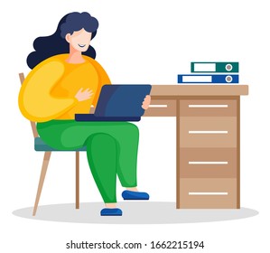 Woman chemist student sitting at desk with computer, girl on chair with notebook, folders on table. Vector illustration of college student studying online, worker works at home or office, flat cartoon