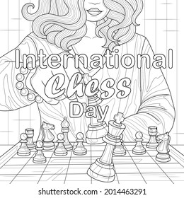 Woman and chess. International Chess Day.Coloring book antistress for children and adults. Illustration isolated on white background.Zen-tangle style. Hand draw