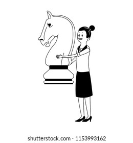 Woman with chess piece in black and white