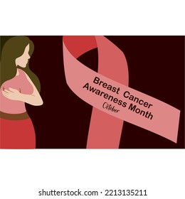 Woman with chest and ribbon cares about cancer. October breast cancer day banner design. vector flat illustration