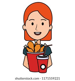 woman with chicken thighs in pot and soda