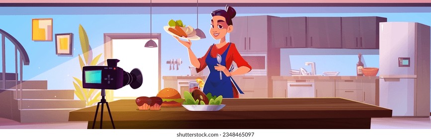 Woman chief with camera on kitchen holding food vector background. Modern dining and cooking furniture, equipment in apartment. Girl video blogger near clean cooking counter graphic illustration.