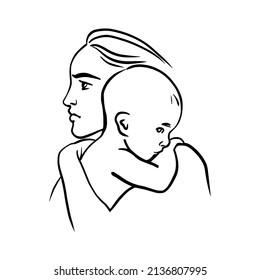 Woman and child. Beautiful mother with baby. Sketching isolated illustration on white background.